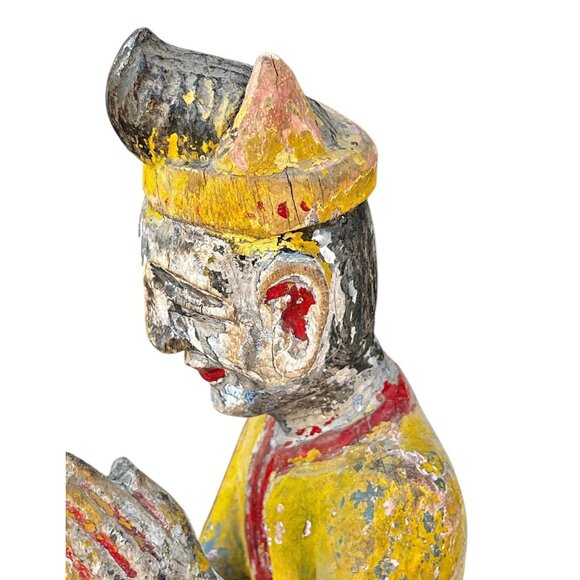 Antique Hand-Carved Wooden Kneeling Monk Statue With Praying Hands - Picture 12 of 16